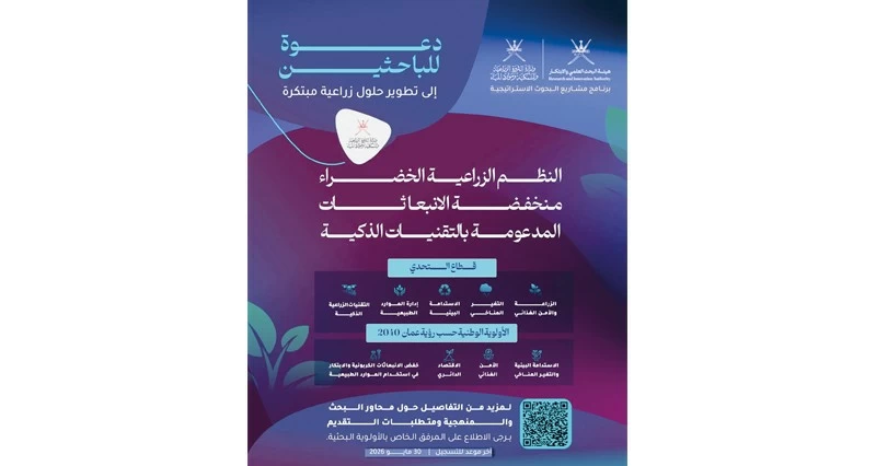 فتح باب التقديم للمشاريع البحثية فـي النظم الزراعية الخضراء منخفضة الانبعاثات