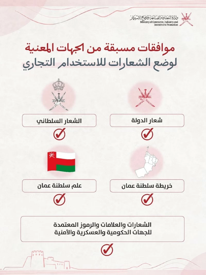 &laquo;التجارة والصناعة وترويج الاستثمار&raquo; تؤكد على ضرورة الالتزام بالضوابط القانونية لاستخدام علم سلطنة عُمان وشعار الدولة