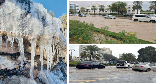 عدد من ولايات شمال السلطنة تشهد أمطارا غزيرة مصحوبة بالبرد وتساقط الثلوج على قمم الجبال وتكوّن الصقيع نتيجة لأخدود لمنخفض جوي