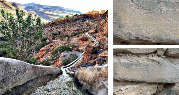 نقش صخري يوثق تاريخ شق فلج مدروج بالرستاق يعود لسنة ٧٦٧ هجرية