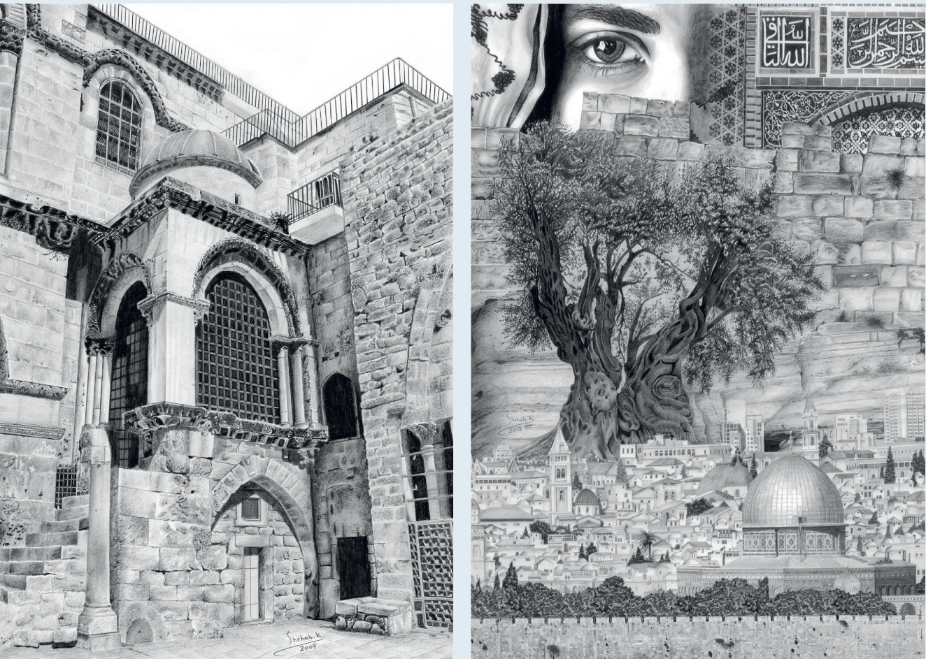 الناظر إلى رسوماته يعتقد بأنها صور فوتوغرافية (رحلة فـي ذاكرة القدس) معرض للفنان الفلسطيني شهاب القواسمي